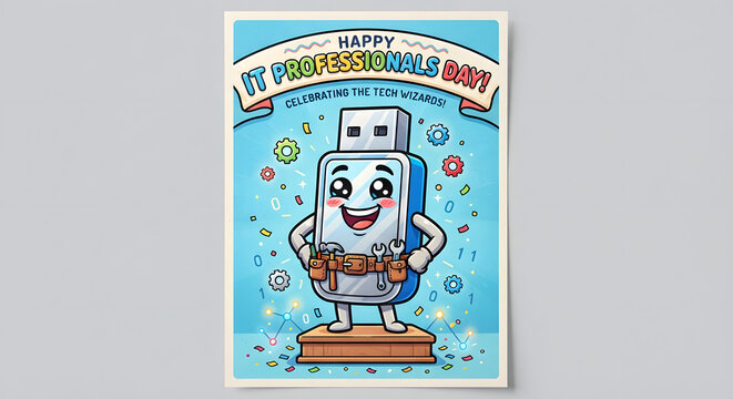 Happy IT Professionals Day celebration vector illustration featuring a cute USB flash drive character with a tool belt