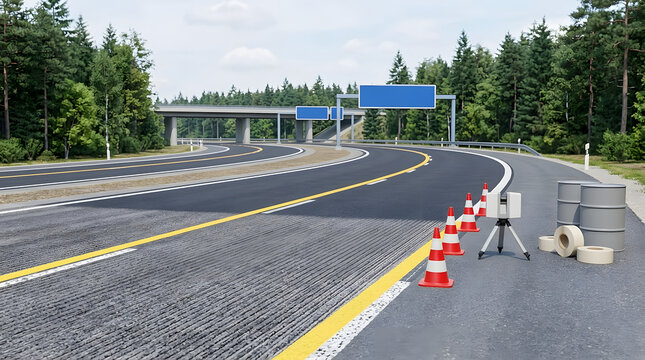 Highway Road Construction with Traffic Cones Survey Equipment and Fresh Asphalt