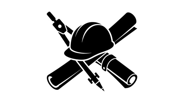 Minimalist construction engineering vector silhouette set. Hard hat, drafting compass, and blueprint rolls for architecture projects perfect for logos, branding, posters, and industry business.