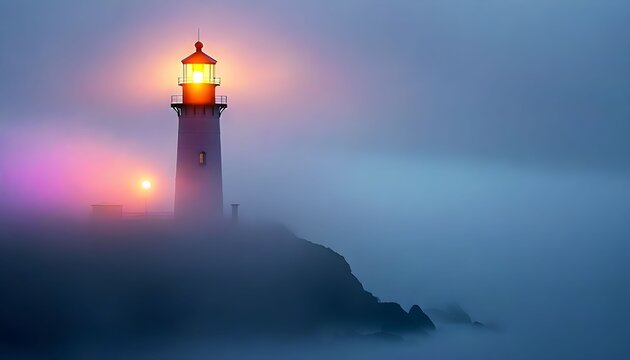 Mystical lighthouse glowing through foggy coastal mist at dusk