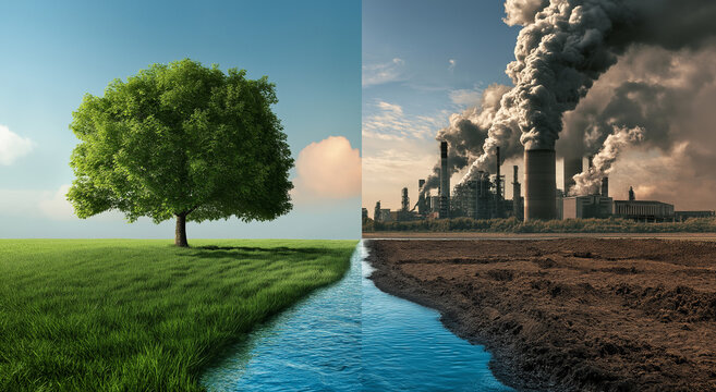 a digital painting depicting a landscape divided into two opposing environmental states.
