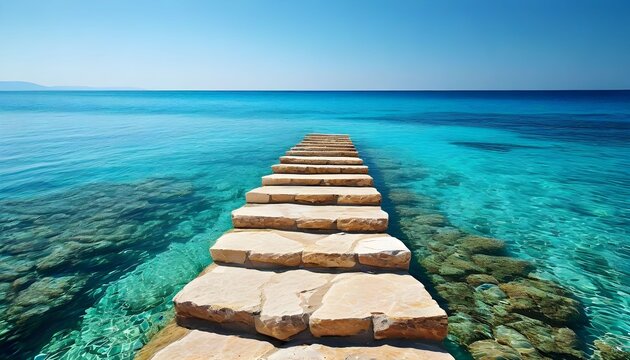 Serene wooden pier extending into crystal-clear turquoise ocean under bright sky