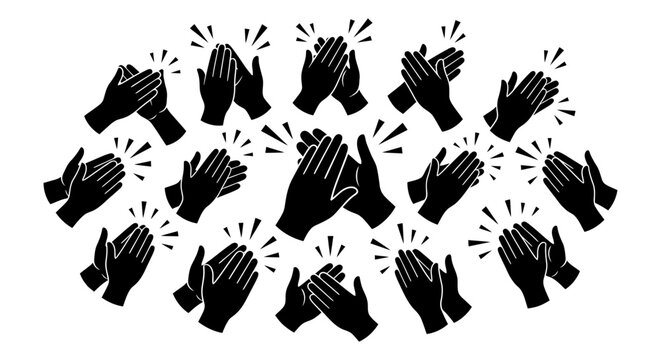 Black silhouette hands clapping with radiating lines on a white background applaud
