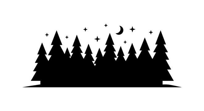 Black silhouette of coniferous trees with crescent moon and stars against white background