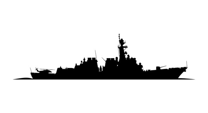 A black silhouette of a naval destroyer ship rests on a waterline