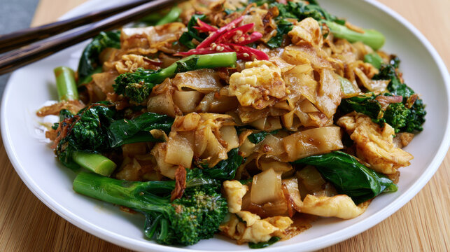 transparent thai pad see ew rice noodles with chinese broccoli