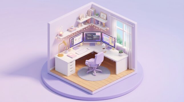 Modern isometric home office with corner desk multiple monitors ergonomic chair lamp.