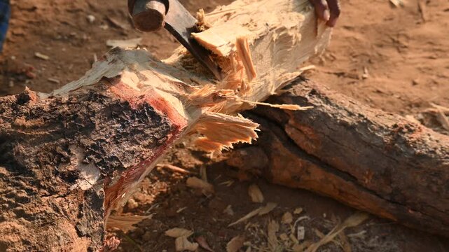 A person using a traditional hand axe to hew a rough wooden log resting. Traditional manual wood-chopping axe with a metal head and wooden handle. Its Commonly used in rural and village settings.