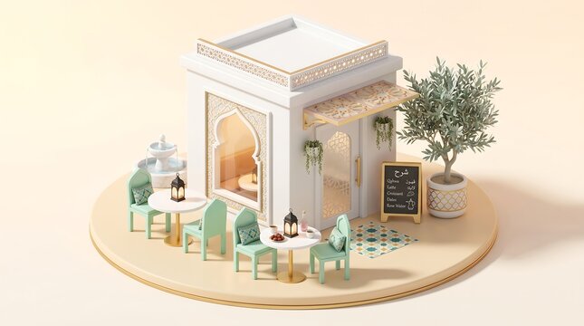Isometric arabian cafe miniature with outdoor seating and decorative details.