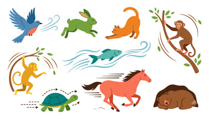 Obraz premium Animal Locomotion and Movement Styles Vector Set Illustrating Flying Running Jumping Swimming Climbing and Hibernating Actions for Biology Science Education Infographics