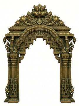 South Indian temple gateway with stepped crown, carved pillars and dark aged bronze ornamentation