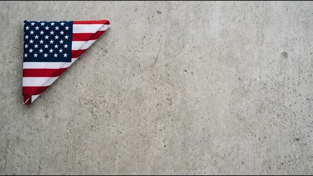 Folded American flag resting on a grey concrete background from above
