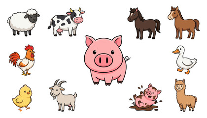 Naklejka premium Cute farm animals vector collection including pig cow sheep horse rooster goat duck and alpaca isolated on white background.svg
