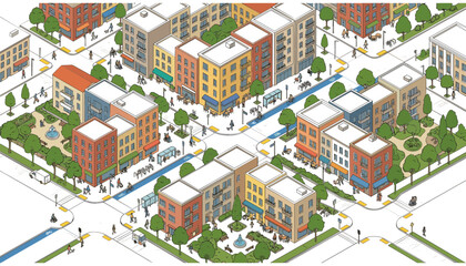 Fototapeta premium Isometric Urban Smart City Map Vector with Mixed Use Commercial Buildings Residential Blocks Pedestrian Street Intersections Parks and Infrastructure Layout Designs