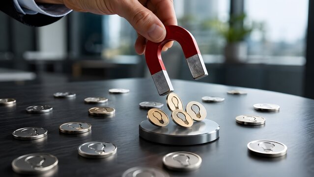Businessman hand holding horseshoe magnet to attract lightbulb coins, lead generation and innovative ideas attraction concept