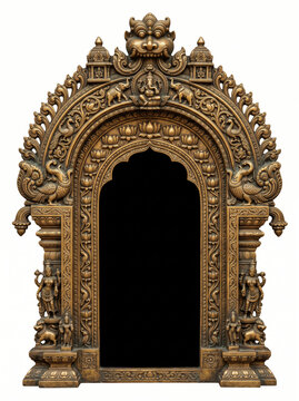 Ornate South Indian temple doorway with recessed opening and detailed bronze-gold carvings