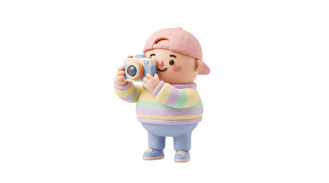 Cute 3D cartoon boy character holding a camera and taking a photo isolated on a white background
