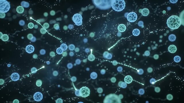 Bioluminescent spores drift in abstract digital void