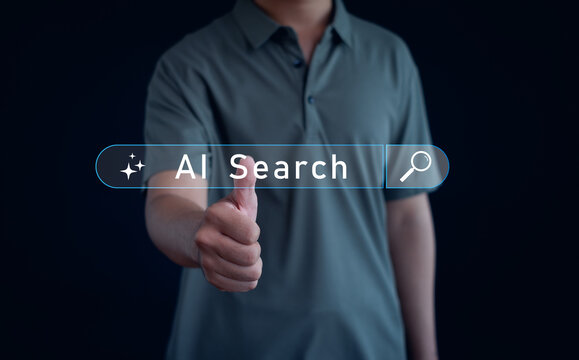 AI search concept with a person giving a thumbs up, featuring a digital search bar and magnifying glass, symbolizing artificial intelligence, smart search, online discovery, and technology.