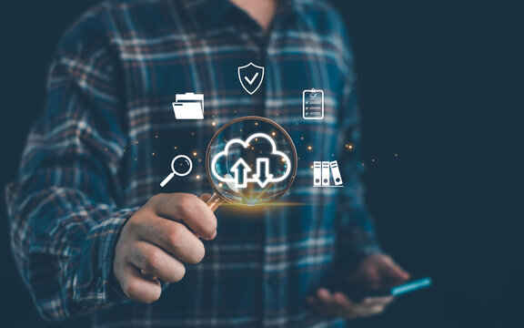 Cloud storage and data management concept with secure file backup, cloud computing, cybersecurity, document organization, digital archive, and online synchronization technology.