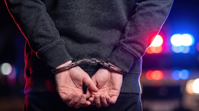 Criminal suspect arrested in handcuffs standing in front of flashing red and blue police emergency lights.