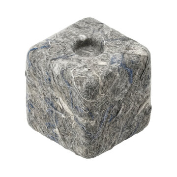 Isolated rough grey stone cube featuring a textured surface with blue mineral veins.