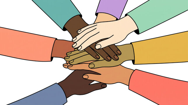Diverse multiracial hands stacked together symbolizing unity, teamwork and cooperation, cartoon illustration on white background