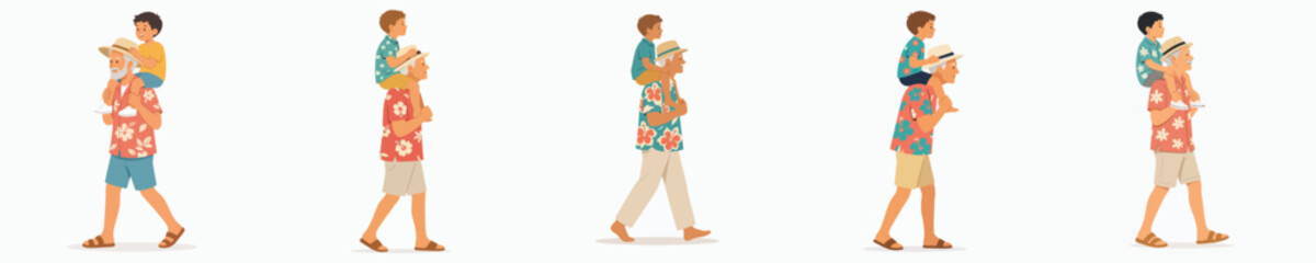 Fototapeta premium Flat vector illustration of a grandfather walking and carrying his grandson on his shoulders, wearing summer clothes
