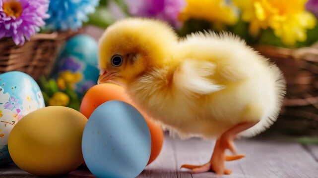 Fluffy Chick Beside Pastel Egg and Spring Flower Basket Arrangement for Easter Decor