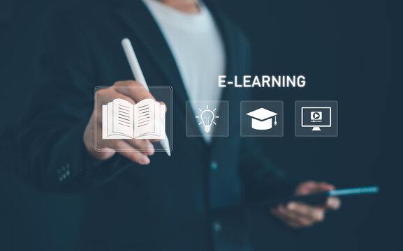 E-learning and digital education concept featuring a business professional using a stylus with learning icons, symbolizing online courses, knowledge, training, and education technology.