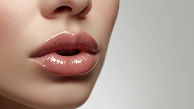 Female Lips Closeup With Glossy Makeup, Soft Skin Texture, Natural Beauty, Neutral Lighting