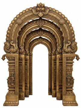 Multi-layer South Indian temple gateway with nested arches and intricate bronze carvings