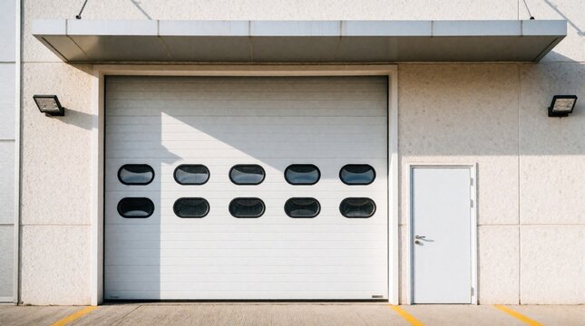 Modern white warehouse building features large garage door with small windows, side entrance. Industrial facility exterior shows clean minimal design with sunlight, shadows on facade. Commercial