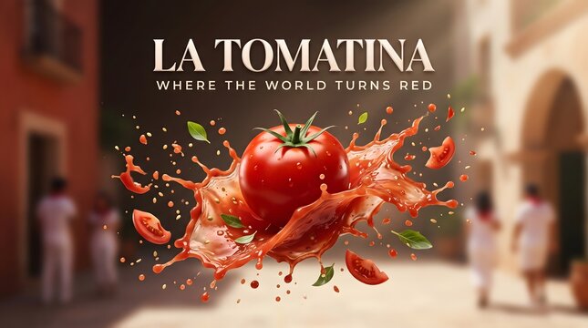 La tomatina festival poster with set against blurred Spanish street background poster fresh red