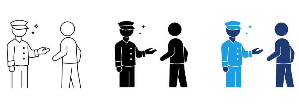 Driver talking to passenger vector icon. Symbol of public transport, bus conductor, ticket inspection, assistance, customer service, guidance, communication, driver interaction, line and solid icons.