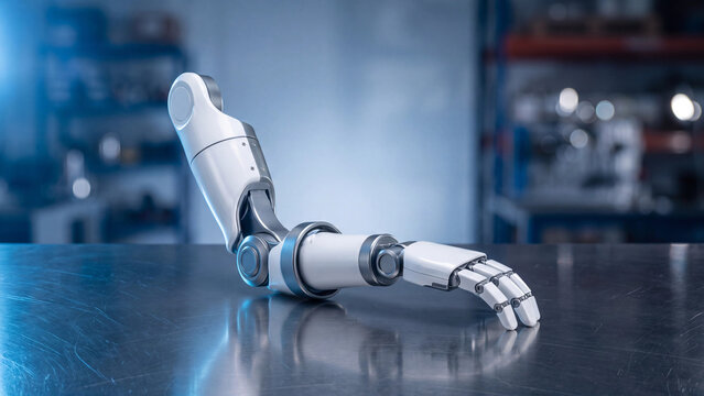 Robotic arm with a mechanical hand rests on a metallic industrial surface to illustrate the future of automation and artificial intelligence in modern manufacturing and advanced collaborative.