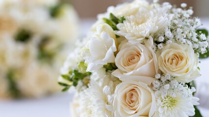 Fototapeta premium The Ivory Rose Bouquet on White Background with Baby's Breath