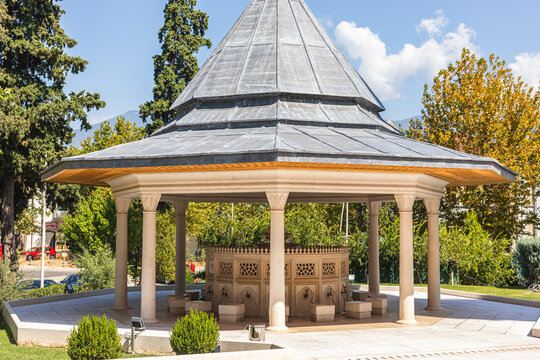 Albania, Tirana 06 09 2025: Symmetrical photo of sebil ablution fountain in courtyard of Great Mosque of Tirana Namazgah Mosque on sunny day.