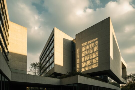 Modern concrete buildings stand under cloudy sky. Golden sunlight creates dramatic shadow patterns on minimalist facades. Urban architecture features sharp lines, large windows. City skyline displays