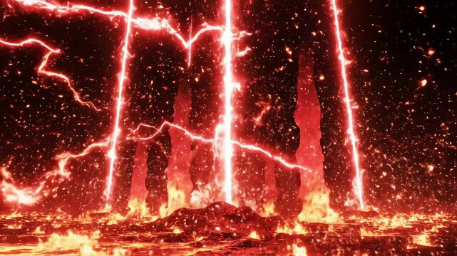 hellish landscape with lightning strikes and fiery particles demonic