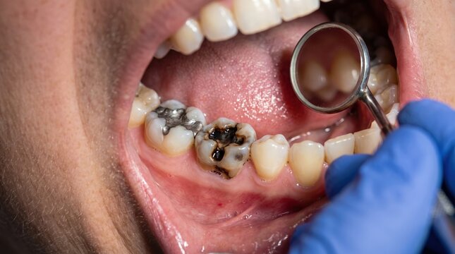 Close up of dentist examining severe tooth decay cavity on lower molar using a dental mirror.