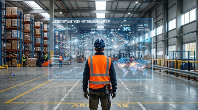 Warehouse worker in safety vest viewing logistics data network optimization overview on augmented reality display, industrial supply chain management and efficiency tracking