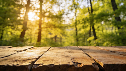 Fototapeta premium Empty Wooden Tabletop with Blurred Spring Forest Background for Product Display