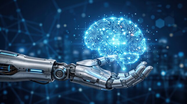 Futuristic robotic hand holding glowing digital brain, artificial intelligence with circuit board texture, neural network data processing, machine learning technology innovation