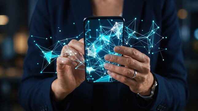 Business professional using smartphone with holographic network projection, digital connectivity, social media interaction, global communication technology, mobile application