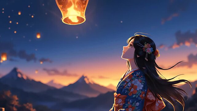 japanese woman in kimono releasing a lantern into the sunset sky over mountains