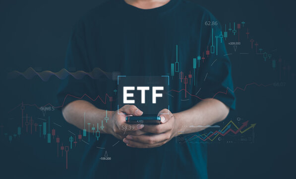 ETF investment concept with investor using smartphone, financial market charts, stock trading data and portfolio growth graphics for modern digital finance and wealth management.
