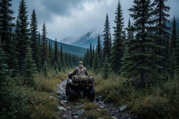 Naklejka premium Man in camo gear rides ATV on rocky forest trail. Hunter drives quad bike through rugged mountains, dense pine woods. Outdoor expedition traveler moves deep into wild wilderness during cloudy weather