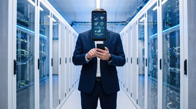 Businessman in server room using smartphone with holographic dashboard display, IT infrastructure management, cloud computing, data center operations, tech innovation
