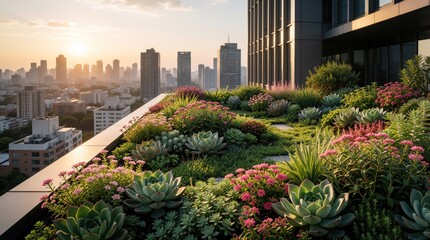 Fototapeta premium Modern rooftop garden with green plants, colorful flowers on urban building terrace. Beautiful city skyline view under sunset sky. Sustainable eco architecture design offers peaceful oasis in